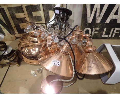 Light fittings; copper three spot adjusting ceiling light, copper pendant light shade, modern electrowler with cut glass drop