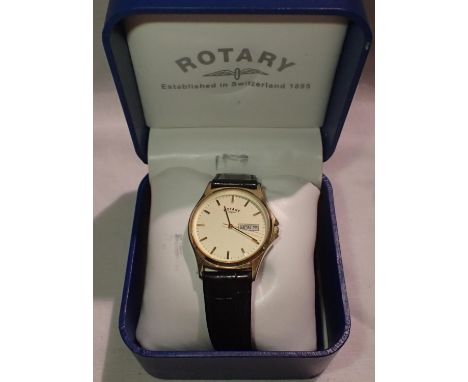 Boxed gents Rotary day date wristwatch on leather strap. P&amp;P Group 1 (£14+VAT for the first lot and £1+VAT for subsequent