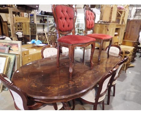 Italian mahogany dining table with 4 plus 2 button back upholstered chairs, 240 x 120 x 80 cm H. Not available for in-house P