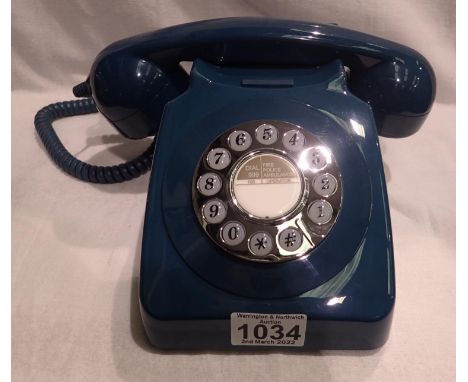 Azure blue GPO746 Retro push button telephone replica of the 1970s GPO746 classic, compatible with modern telephone banking a