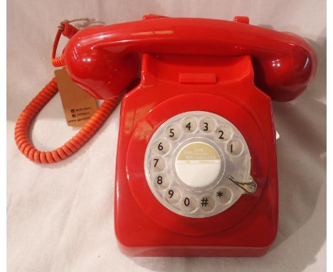 Red GPO746 retro rotary telephone replica of the 1970s classic, compatible with modern telephone banking and any standard ana