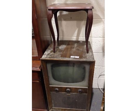 Ferguson Halo Light 1950s TV, 50 x 50 x 90 cm H, and a single small table, 40 x 35 x 45 cm H. Not available for in-house P&am