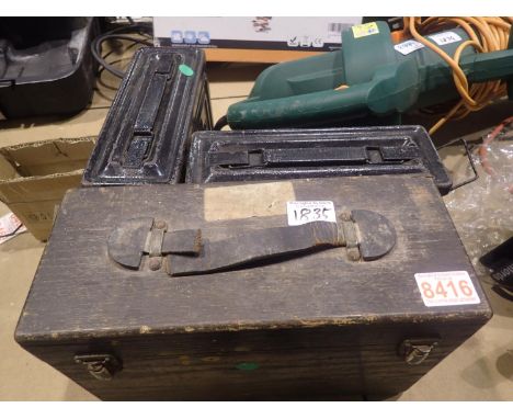 Retro Rick velometer in case and two painted metal ammunition boxes. Not available for in-house P&amp;P, contact Paul O'Hea a