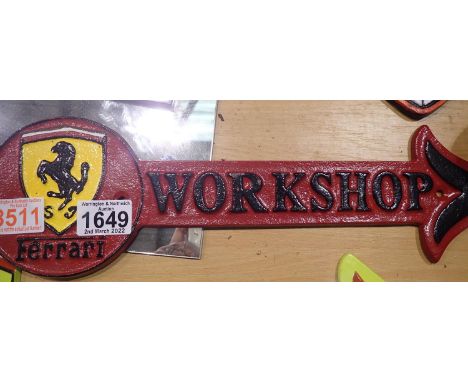 Cast iron Ferrari large workshop arrow plaque, 40 x 12 cm. P&amp;P Group 2 (£18+VAT for the first lot and £3+VAT for subseque