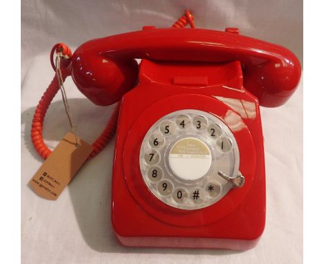 Red GPO746 retro rotary telephone replica of the 1970s classic, compatible with modern telephone banking and any standard ana
