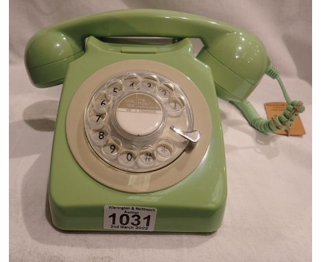 Mint Green GPO746 retro rotary telephone replica of the 1970s classic, compatible with modern telephone banking and any stand