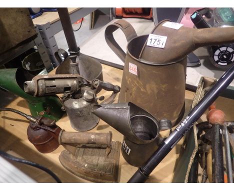 Collection of mixed oil cans, pourers and funnels to include Mobil and Castrol, a brass lamp and cast metal flat iron etc. No