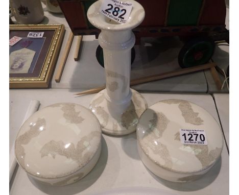 Poole pair of covered pots and candlestick in the Vermont pattern (3), no cracks, chips or visible restoration, candlestick H
