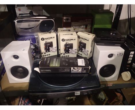 Mixed electrical items, including Aiwa stereo record player with magnetic cartridge, cassette players, radios, bluetooth spea