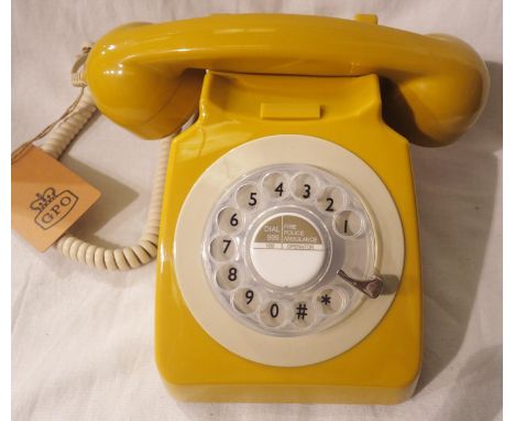 Mustard GPO746 retro rotary telephone replica of the 1970s classic, compatible with modern telephone banking and any standard