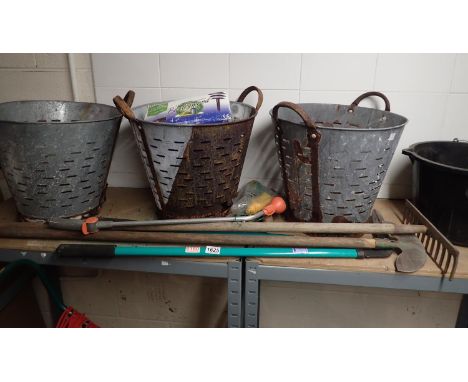 Three galvanised olive buckets (with rust) and a selection of mixed garden tools. Not available for in-house P&amp;P, contact