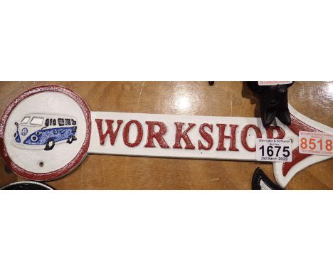 Cast iron VW workshop arrow sign, 40 x 12 cm H. P&amp;P Group 2 (£18+VAT for the first lot and £3+VAT for subsequent lots) 
