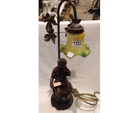 Figural lamp with coloured glass shade, H: 56 cm. Not available for in-house P&P, contact Paul O'Hea at Mailboxes on 01925 65