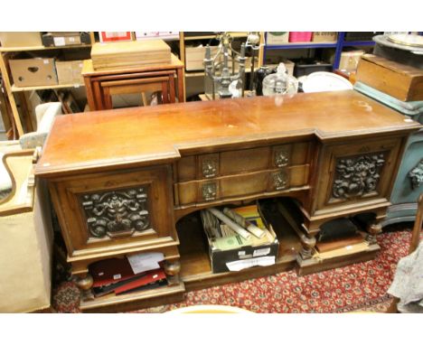 Large Victorian Gothic Revival Mahogany Sideboard, the inverted break-front with two drawers, flanked either side by two cupb