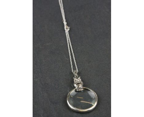 Silver Magnifying Glass Pendant Necklace with Owl Finial on Silver Chain