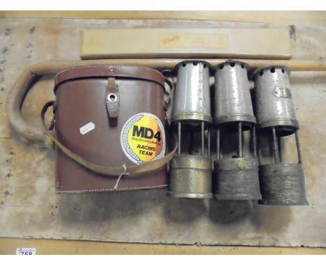 Mixed lot including Boxed Lindop Gun Cleaning Outfit, Cased Set of Karl-Heizon Binoculars, Shepherd's Crook and Three Miners 
