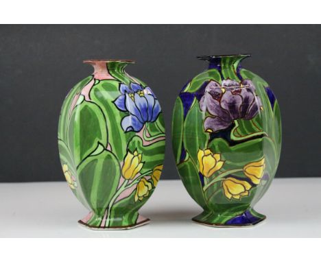 Two Art Nouveau ' Dalton Ware ' Burslem Ceramic Vases, each with hand painted floral decoration, 18cms high 