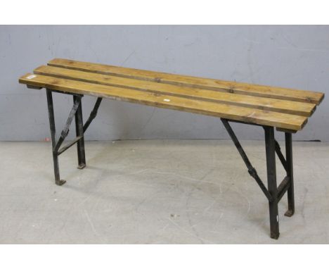Slatted Pine Bench with Folding Metal Legs, 121cms long