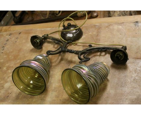 Early 20th century Brass Ceiling Double Branch Light Fitting with Two Iridescent and White Swirl Glass Light Shades, fitting 