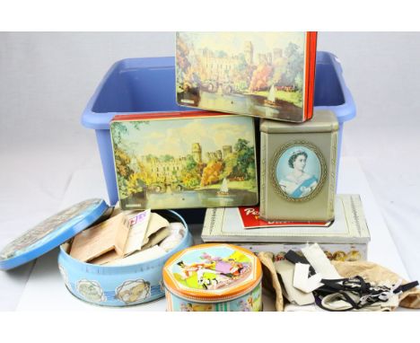 Group of Advertising Tins including Peak Frean &amp; Co, some filled with sewing and first aid items