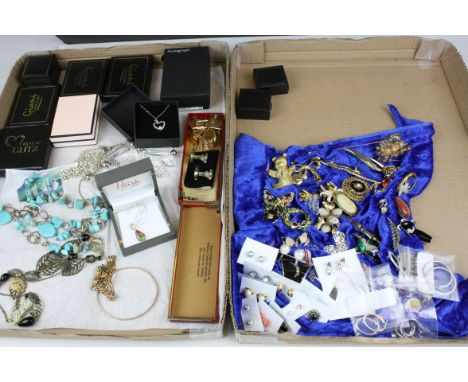 Two Trays of Jewellery including Two 9ct Gold Bangle, Turquoise Bead Necklace and Earrings, approximately 44 Brooches, 17 Pai