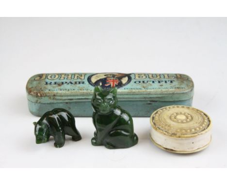 Mixed Lot including Enamel Advertising ' John Bull Repair Outfit ' Tyre Repair Tin, Victorian Ivory Pin Cushion and Two Green