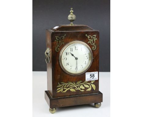 Early 20th century Mahogany Brass Inlaid Mantle Clock in the Regency Manner with circular dial,  Arabic numerals, the case wi