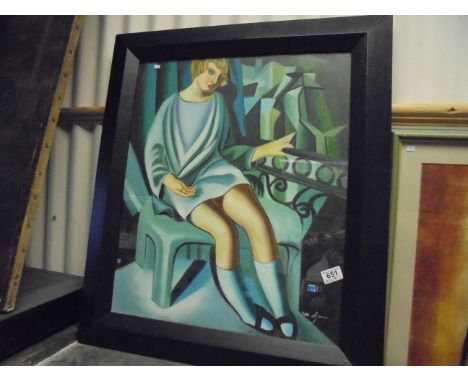 A framed oil painting portrait of an Art Deco lady seated on a verandah seated, signed