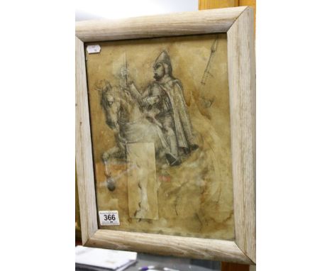 Early 20th century, a pencil and wash portrait of a medieval knight on horse in the style of John Piper, 32 x 24.5cm