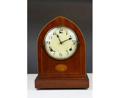 Edwardian Inlaid Mahogany Arched Cased Mantle Clock, 8 day movement, the white dial with Arabic numerals, with key and pendul