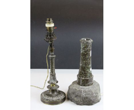 Cornish Serpentine Stone Table Lamp Base in the form of a Lighthouse, 31cms high together with Early 20th century Ornate Bras