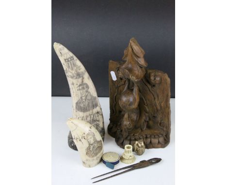 Two Resin Scrimshaws, Netsuke of a Turlte and Frog climbing a sack of Fish, 19th century Bone Circular Needleholder, Carved I