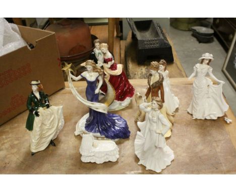Eight Royal Worcester Figurines including Golden Moments - Anniversary, Celebration and New Arrival plus Royal Enclosure, Lov