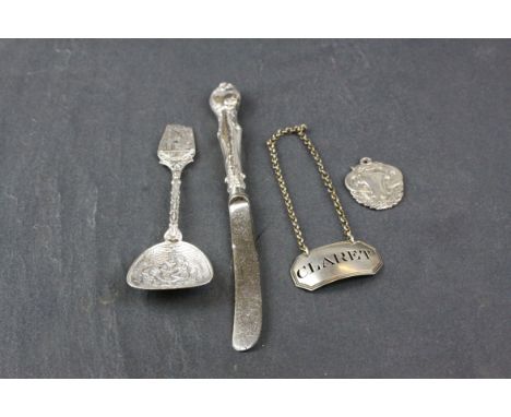 Four items of Silver including Dutch Caddy Spoon 90, Georgian Claret Label, SS Handle Knife and a Fob Medal for Drill Champio