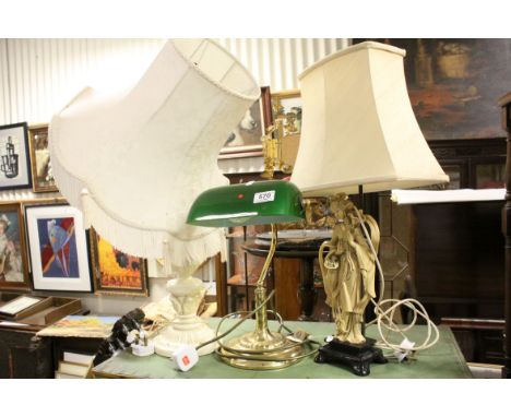 Victorian Style Bankers Desk Lamp with Green Glass Shade, Table Lamp in the form of a Oriental Lady and one other Table Lamp