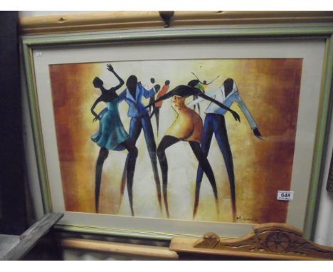 A framed oil painting portrait of Afro-Caribbean dancers, signed M Harold, 41.5 x 62cm