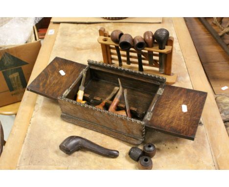 Early 20th century Oak Pipe Cabinet and a Pipe Rack in the form of a Gate together with a Pipe Case, Nine Pipes and Three Pip