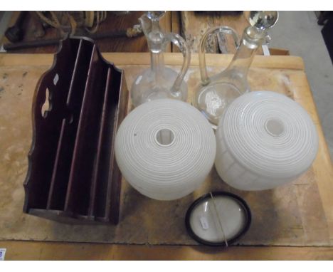 Two glass claret decanter jugs with etched decoration, an antique letter rack, an oval portrait frame &amp; two glass lampsha