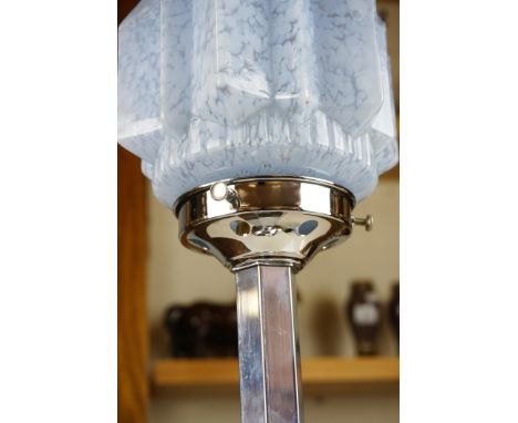 Art Deco Chrome Table Lamp with a Mottled Blue Glass Geometric Moulded Shade, 51cms high