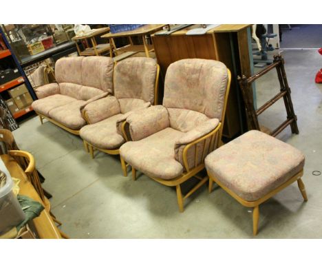 Ercol Beechwood Framed Three Piece Suite with Footstool, sofa measures 180cms long