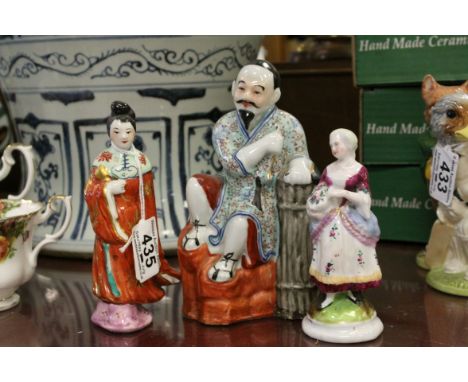 Ceramic figure of a geisha girl, one other oriental figure of a seated, bearded man &amp; 19th century figurine of a lady wit