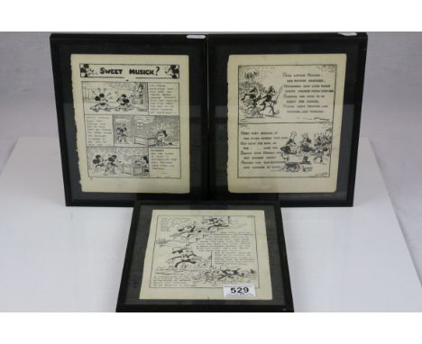 Three framed 1930s original Mickey Mouse monochrome print cartoons