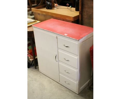 Retro / Vintage White Painted Cupboard and Drawers with Red Formica Top, 84cms long x 85cms high