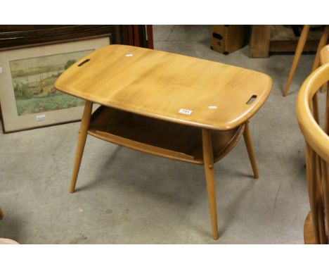 Ercol Blonde Elm and Beach Small Coffee Table with Carry Handles to Top and Shelf Below, 72cms long x 44cms high