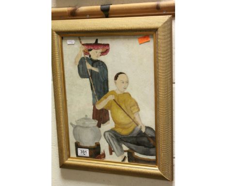 Oil on board, a portrait of Oriental peasants preparing food, 38.5 x 28.5cm