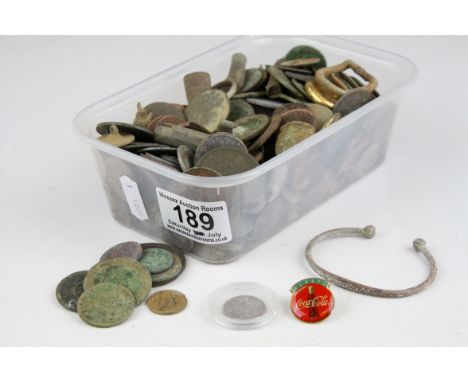 Tub of Metal Detector Finds including Coins, Torque Bangle, Locket, etc