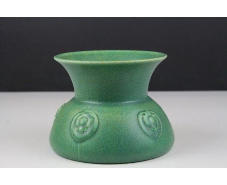 Royal Lancastrian Green Glazed Squat Vase with Art Nouveau Moulded Motifs, 12.5cms high