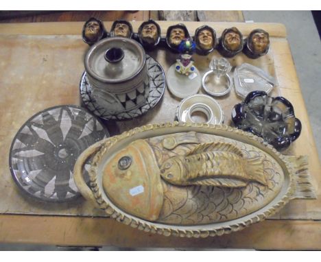 Collection of Studio Pottery including a Large Fish Tureen marked Meira to base, David Sharp for Rye Pottery Plate, Geoffrey 