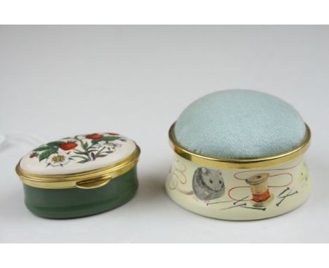 Staffordshire Enamels Pin Cushion marked Nicola Bayley 1975 together with Bilston Battersea Staffordshire Enamels Trinket Box
