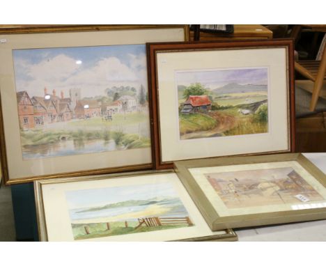 Four framed watercolours, town view, country view with sheep, seascape and one other (4)